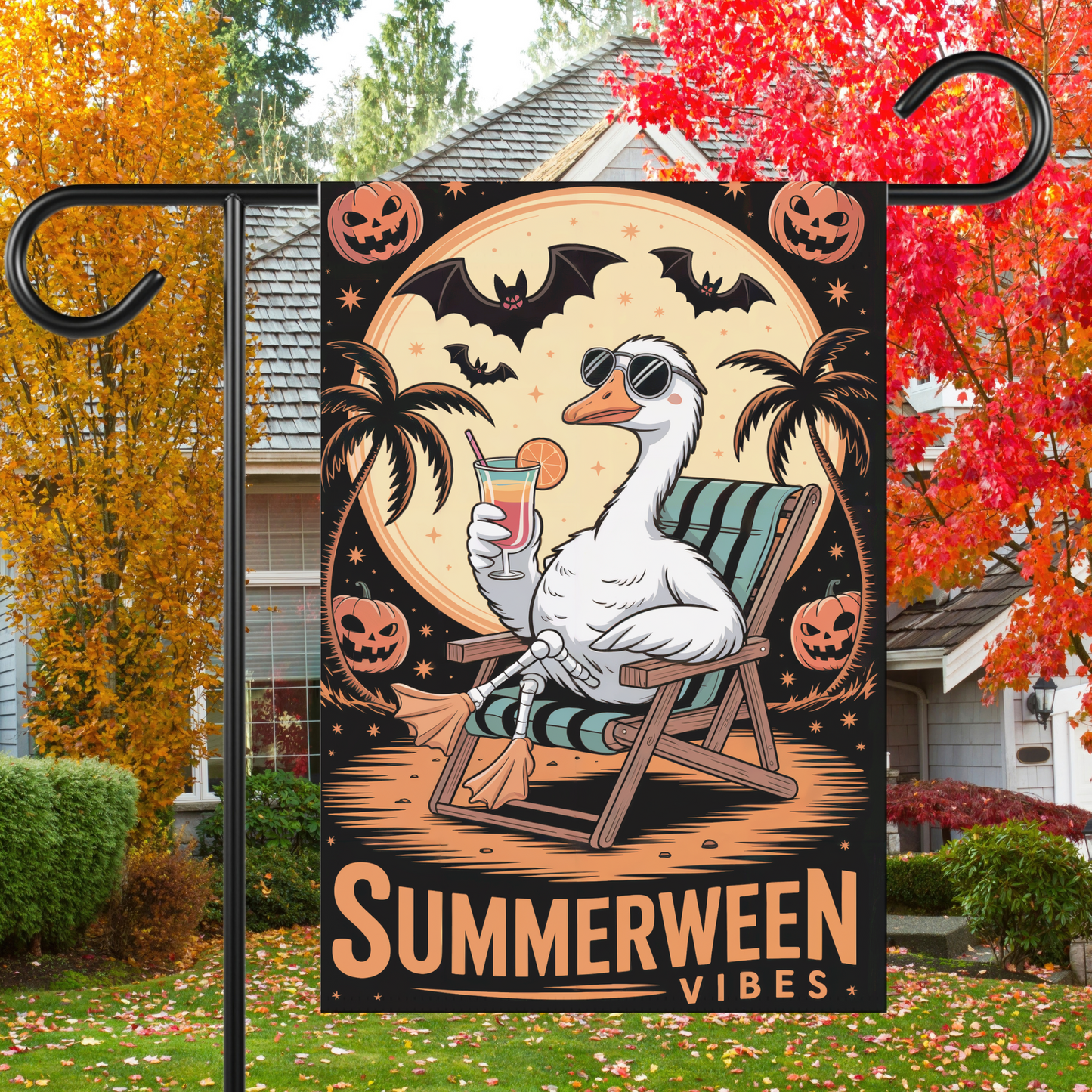 Summerween Vibes Garden Flag – Tropical Halloween Outdoor Décor with Goose, Bats & Pumpkins – Funny Seasonal Yard Flag