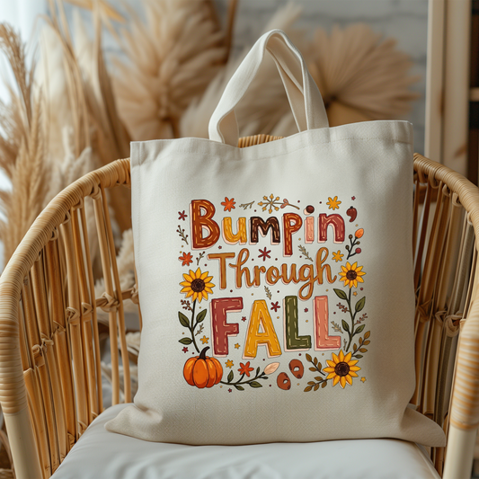 Bumpin Through Fall Tote Bag – Cute Pregnancy Announcement Autumn Pumpkin Tote – Fall Maternity Baby Shower Gift
