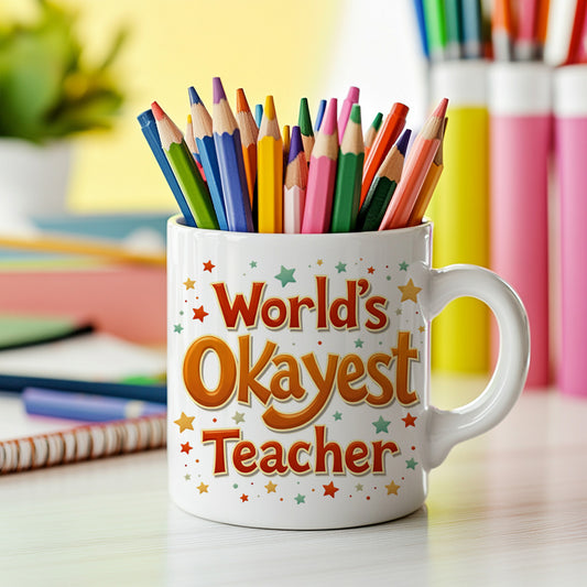 World’s Okayest Teacher Mug – Funny Teacher Appreciation Coffee Cup Gift for End of Year, Christmas, or Back to School