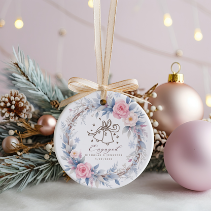 Personalized Engagement Ornament,  Custom Names & Date, Wedding Bells Wreath Christmas Keepsake