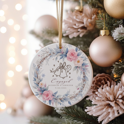 Personalized Engagement Ornament,  Custom Names & Date, Wedding Bells Wreath Christmas Keepsake