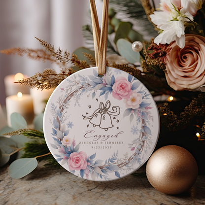Personalized Engagement Ornament,  Custom Names & Date, Wedding Bells Wreath Christmas Keepsake