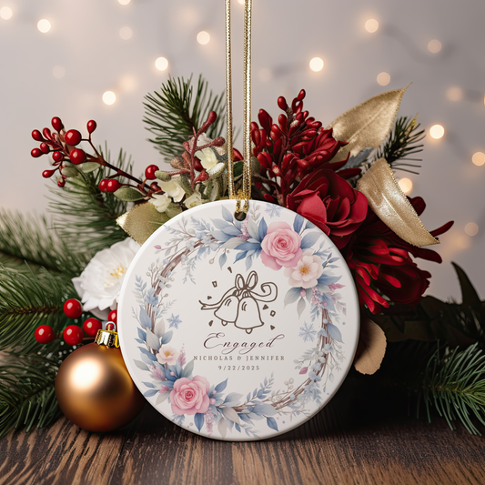Personalized Engagement Ornament,  Custom Names & Date, Wedding Bells Wreath Christmas Keepsake for Engaged Couples