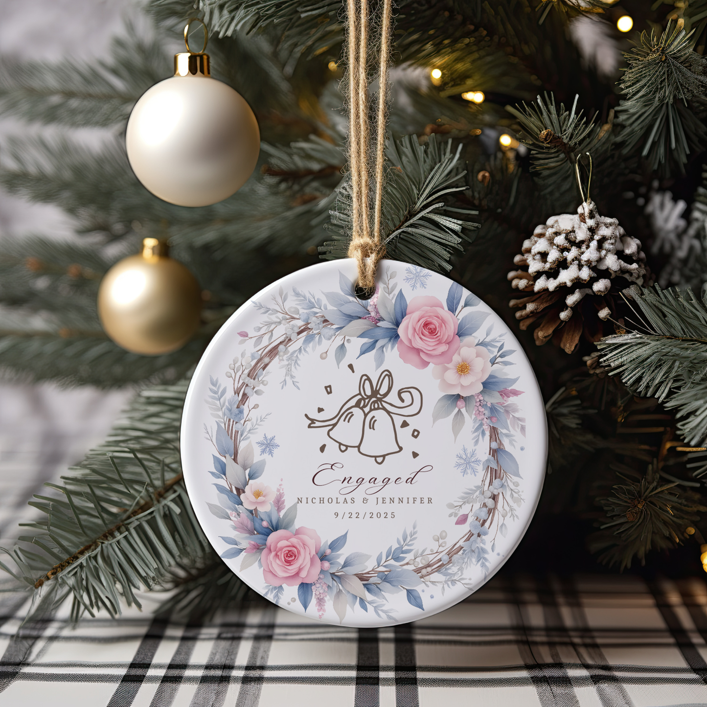 Personalized Engagement Ornament,  Custom Names & Date, Wedding Bells Wreath Christmas Keepsake