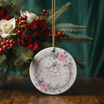 Personalized Engagement Ornament,  Custom Names & Date, Wedding Bells Wreath Christmas Keepsake