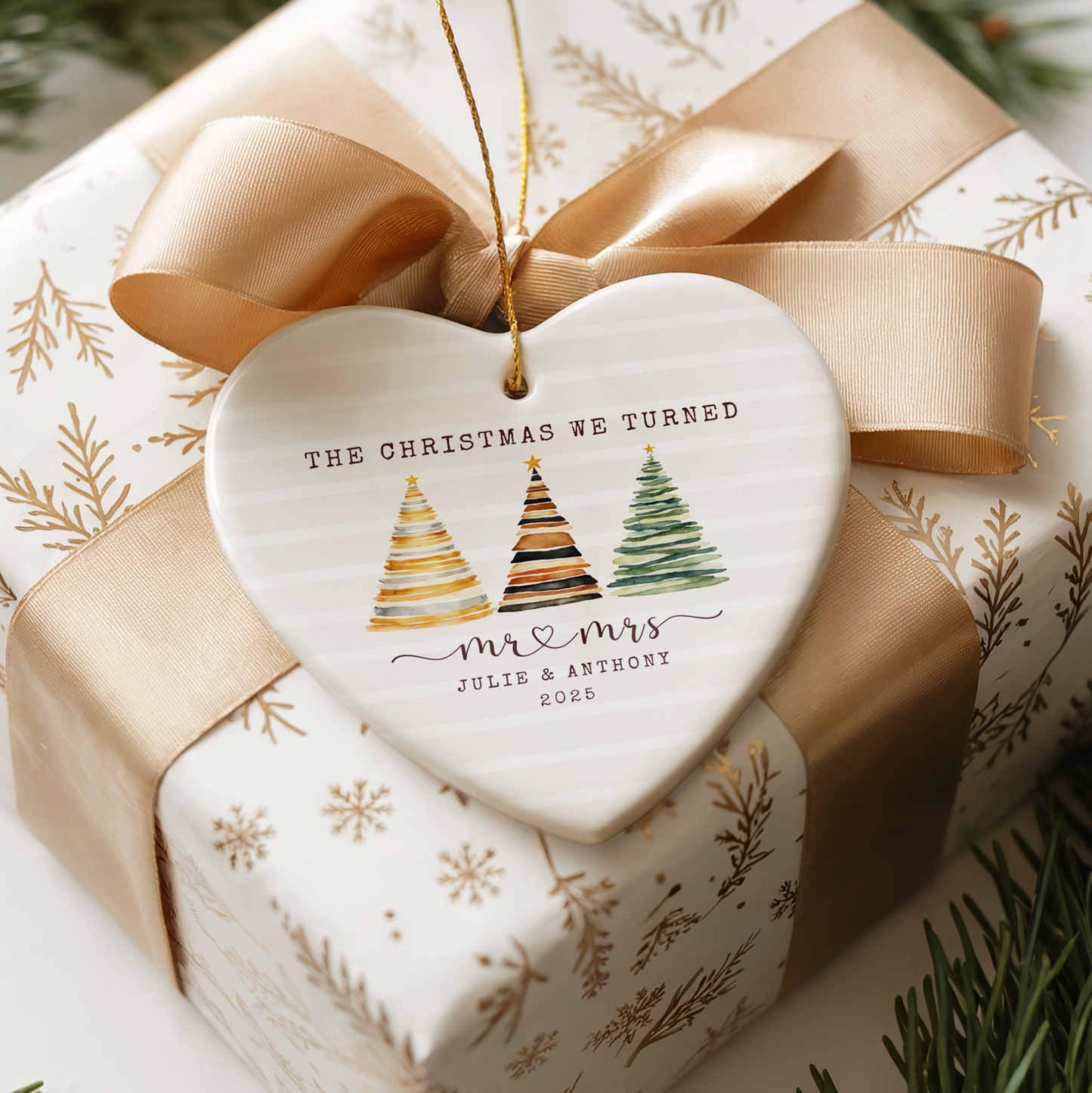 Personalized First Christmas Married Ornament – Custom Heart Ornament with Names & Year – Mr & Mrs Newlywed Christmas Keepsake