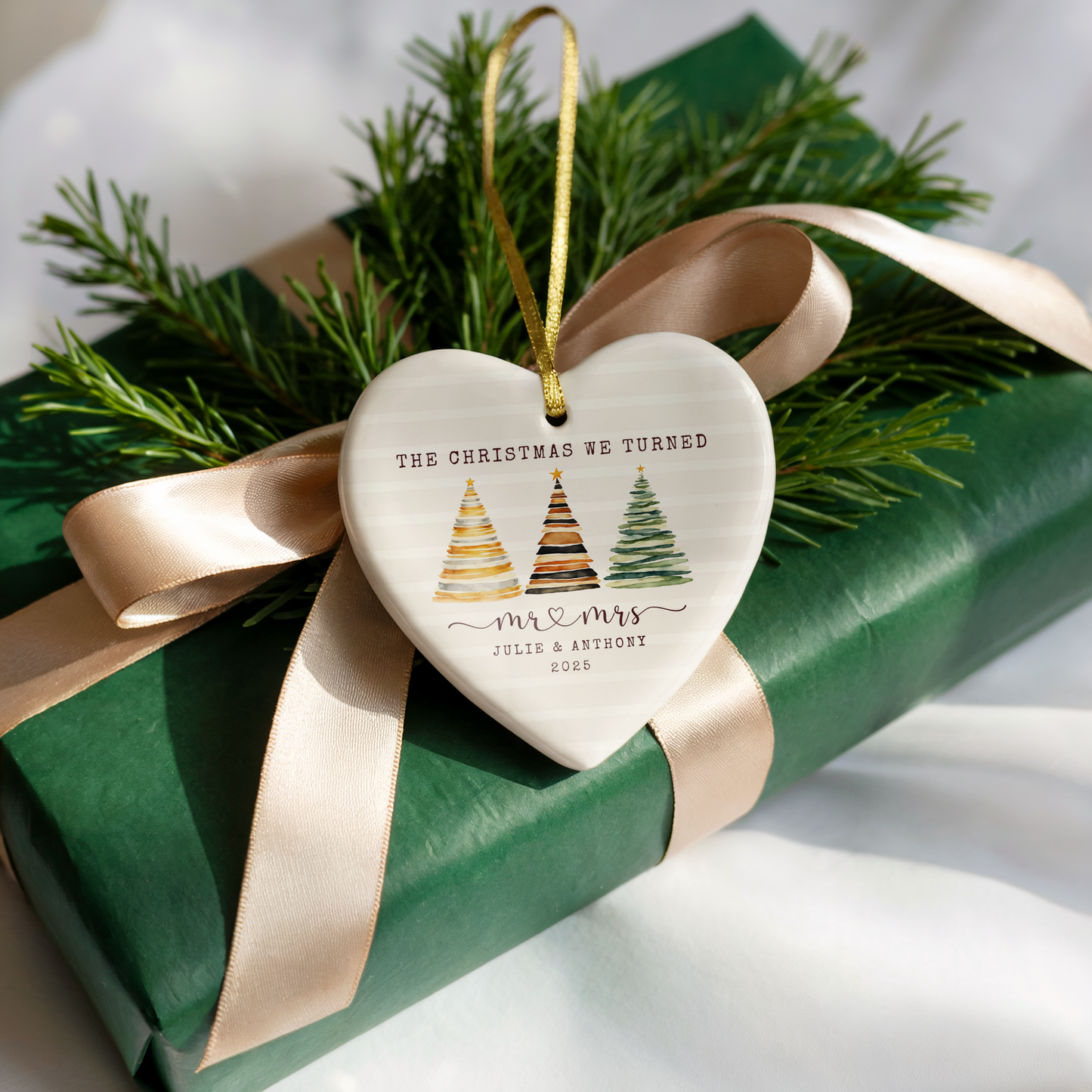 Personalized First Christmas Married Ornament – Custom Heart Ornament with Names & Year – Mr & Mrs Newlywed Christmas Keepsake