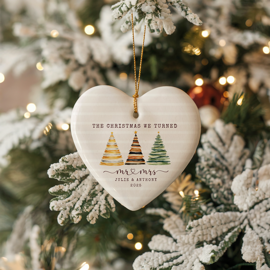 Personalized First Christmas Married Ornament – Custom Heart Ornament with Names & Year – Mr & Mrs Newlywed Christmas Keepsake