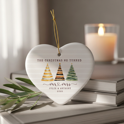 Personalized First Christmas Married Ornament – Custom Heart Ornament with Names & Year – Mr & Mrs Newlywed Christmas Keepsake
