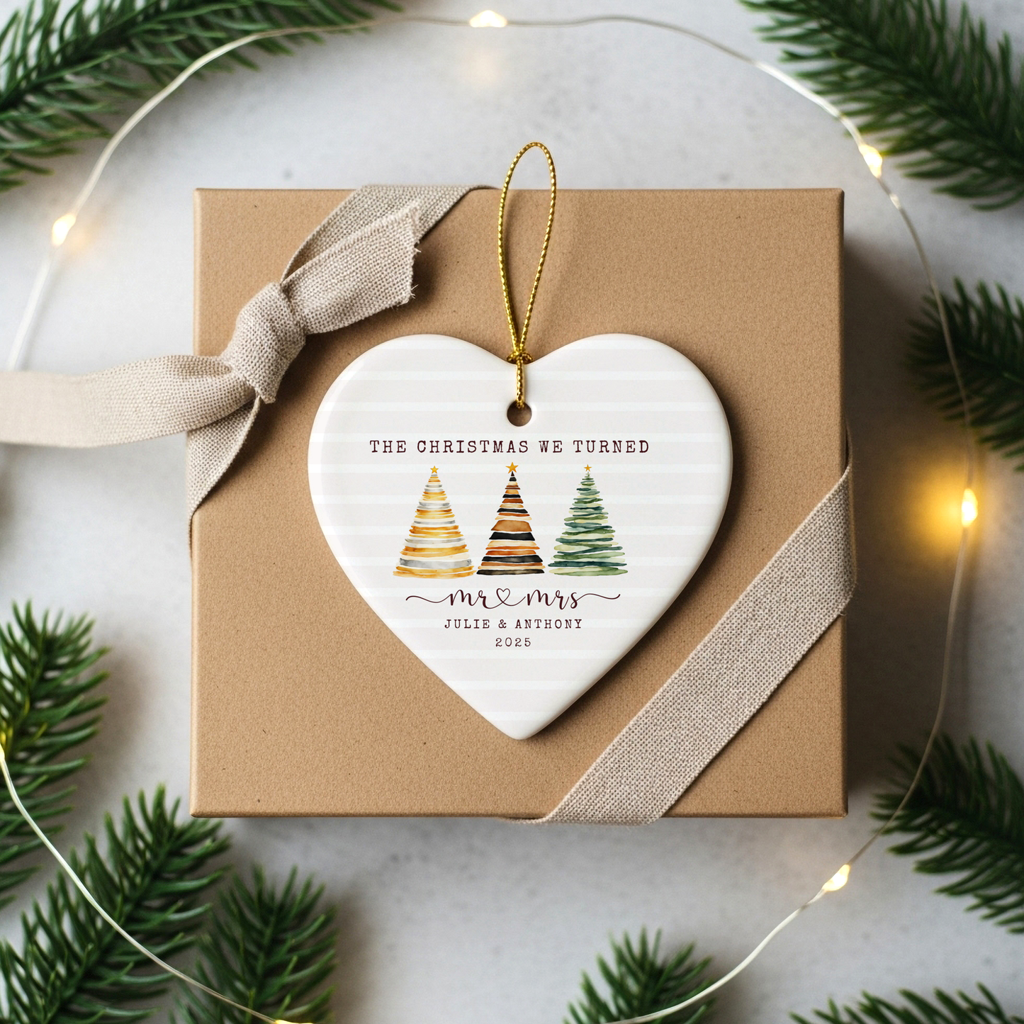 Personalized First Christmas Married Ornament – Custom Heart Ornament with Names & Year – Mr & Mrs Newlywed Christmas Keepsake