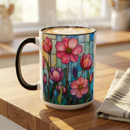 Stained Glass Tulip Mug – Floral Coffee Mug | Botanical Art Mug | Mother's Day, Birthday, Easter Gift for Her | 11oz & 15oz Accent Coffee Mug