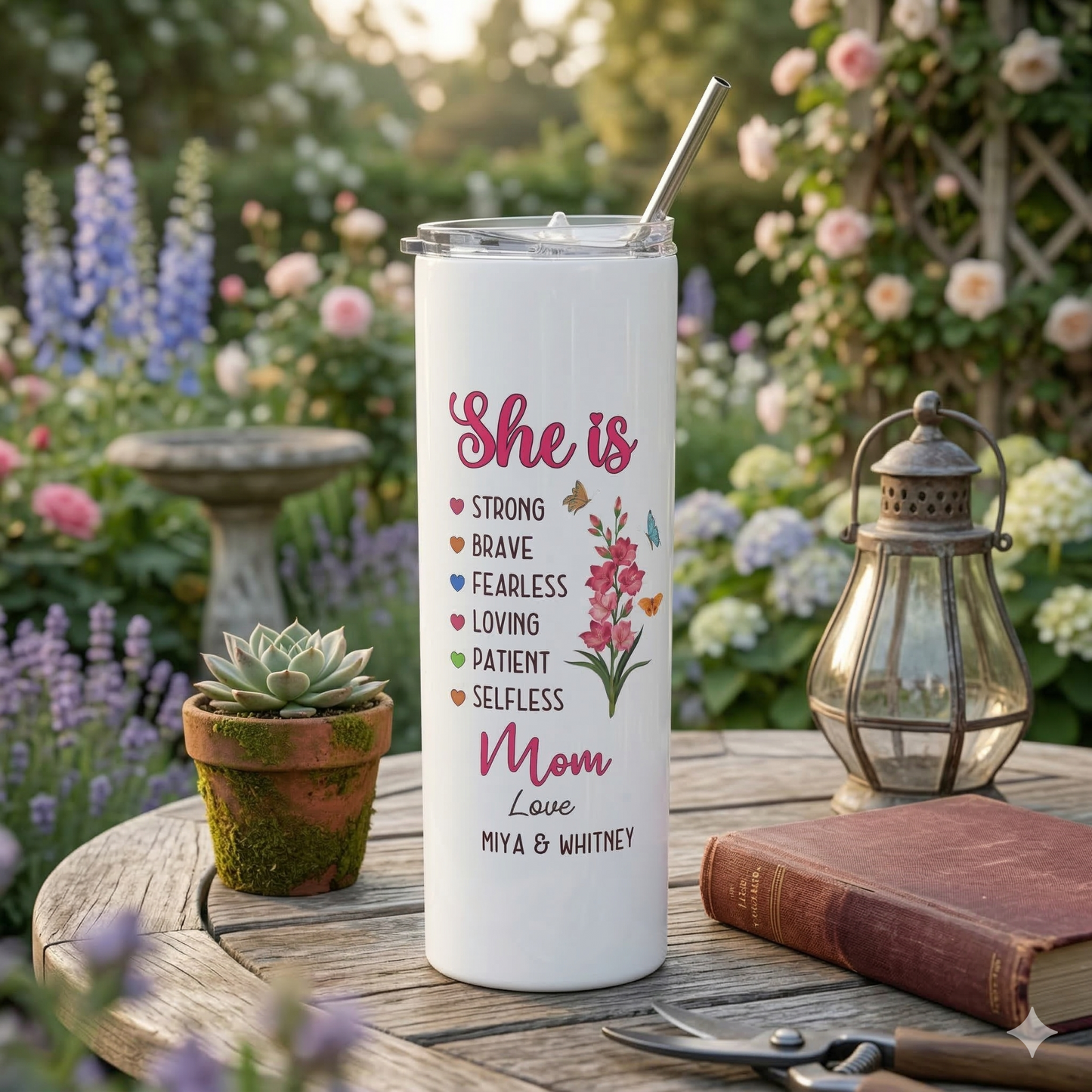 She Is" Personalized Mom Tumbler – Custom Kids Names | Mother's Day Gift from Daughter & Son | Strong Brave Fearless Loving | 20oz Skinny Tumbler with Straw