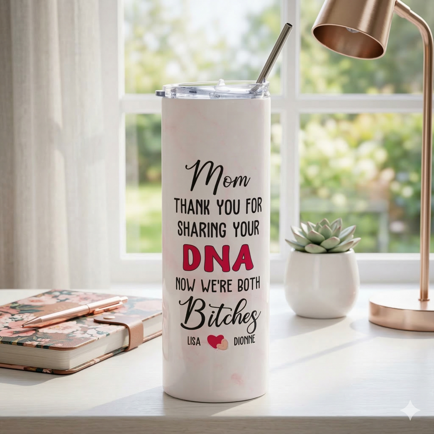 Thank You for Sharing Your DNA" Personalized Mom Tumbler – Funny Mother's Day Gift | Custom Names Mom & Daughter | Sassy Mom Gift | 20oz Skinny Tumbler with Straw