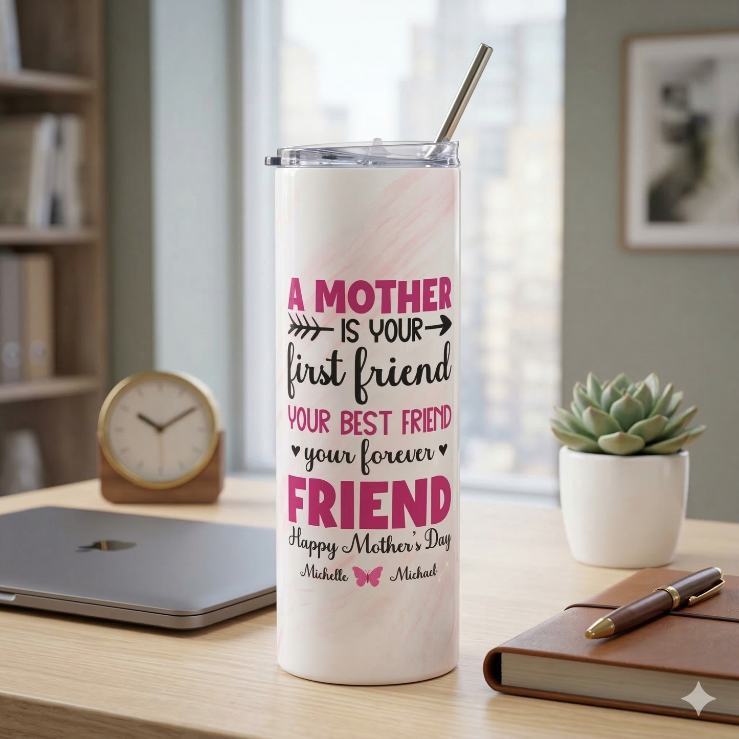A Mother Is Your First Friend" Personalized Mom Tumbler – Custom Names | Sentimental Mother's Day Gift from Kids | Mom Best Friend Forever | 20oz Skinny Tumbler with Straw