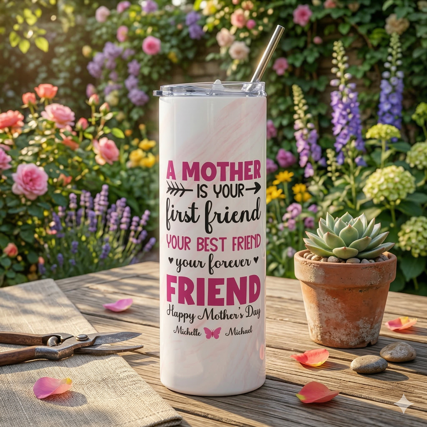 A Mother Is Your First Friend" Personalized Mom Tumbler – Custom Names | Sentimental Mother's Day Gift from Kids | Mom Best Friend Forever | 20oz Skinny Tumbler with Straw