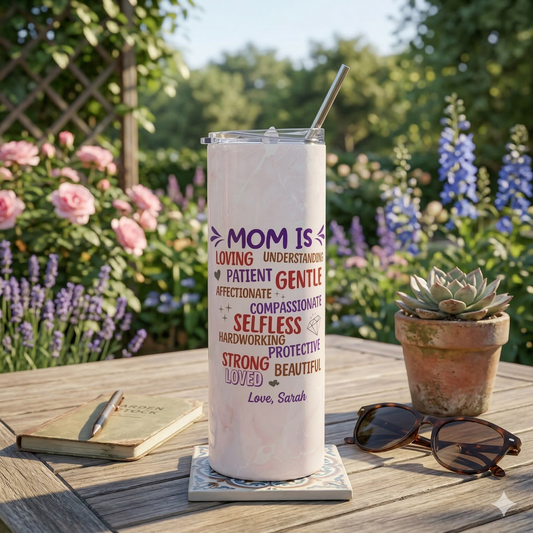 Mom Is" Personalized Word Cloud Tumbler – Custom Name | Loving Patient Strong Beautiful | Sentimental Mother's Day Gift from Kids | 20oz Skinny Tumbler with Straw