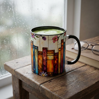 Floral Stained Glass Bookshelf Accent Coffee Mug (11/15oz)