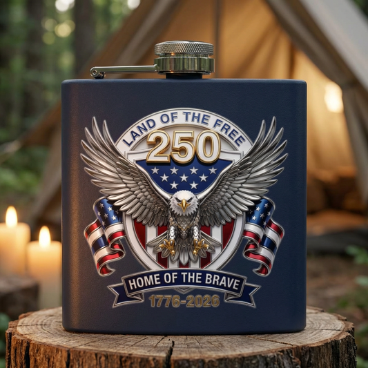 America 250th Anniversary Flask  Land of the Free Home of the Brave 1776-2026 Commemorative Flask Patriotic Gift for Him 4th of July Gift