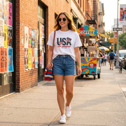 USA 250th Anniversary Women's Boxy Tee – Coquette Patriotic Crop Top | 4th of July Shirt for Women | America 250 T-Shirt | 1776-2026 Independence Day Outfit