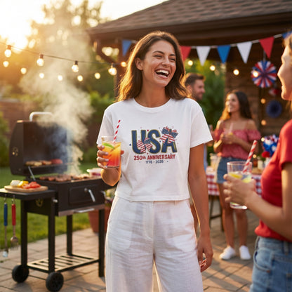 USA 250th Anniversary Women's Boxy Tee – Coquette Patriotic Crop Top | 4th of July Shirt for Women | America 250 T-Shirt | 1776-2026 Independence Day Outfit