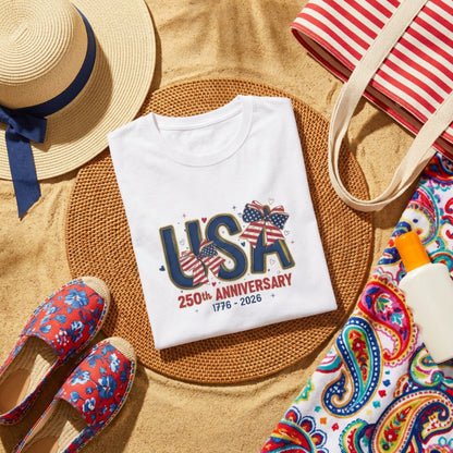 USA 250th Anniversary Women's Boxy Tee – Coquette Patriotic Crop Top | 4th of July Shirt for Women | America 250 T-Shirt | 1776-2026 Independence Day Outfit
