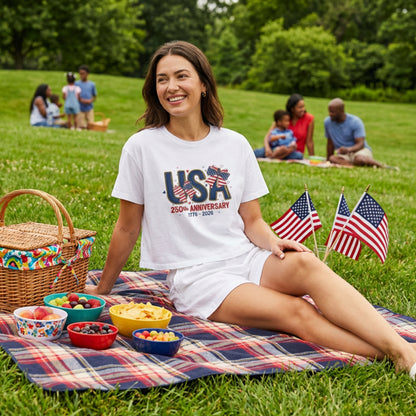 USA 250th Anniversary Women's Boxy Tee – Coquette Patriotic Crop Top | 4th of July Shirt for Women | America 250 T-Shirt | 1776-2026 Independence Day Outfit