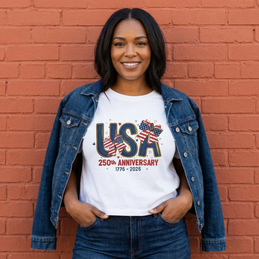 USA 250th Anniversary Women's Boxy Tee – Coquette Patriotic Crop Top | 4th of July Shirt for Women | America 250 T-Shirt | 1776-2026 Independence Day Outfit