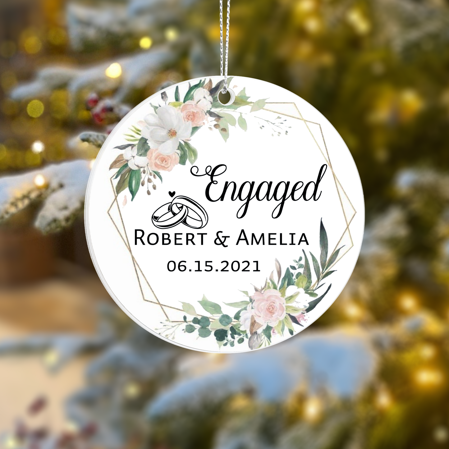 Engaged Personalized Acrylic Ornament 2025 – Custom Engagement Ornament with Floral Design, Romantic Couple Gift Keepsake
