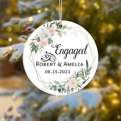Engaged Personalized Acrylic Ornament 2025 – Custom Engagement Ornament with Floral Design, Romantic Couple Gift Keepsake