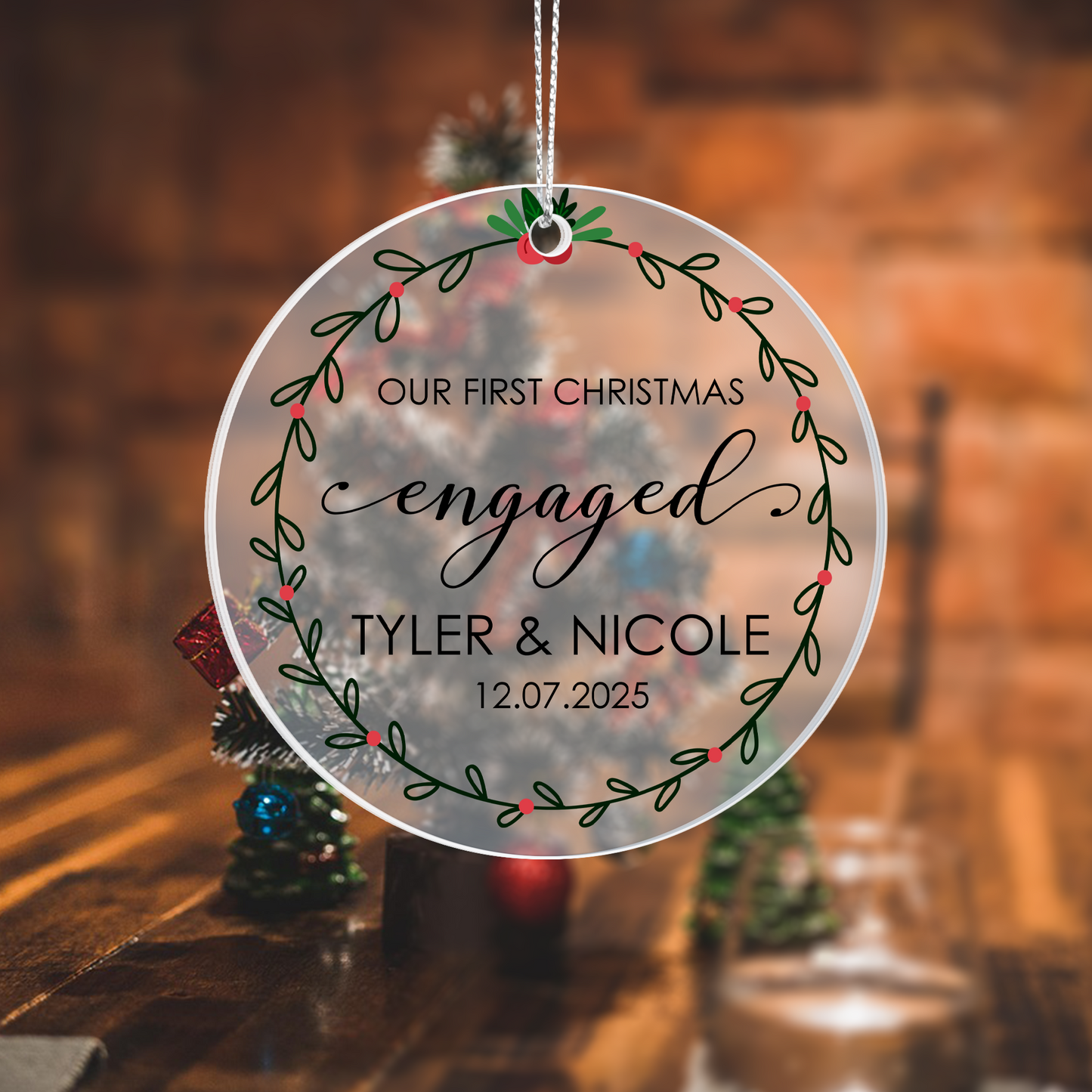 Our First Christmas Engaged Personalized Acrylic Ornament 2025 – Custom Engagement Gift, Couple Christmas Keepsake