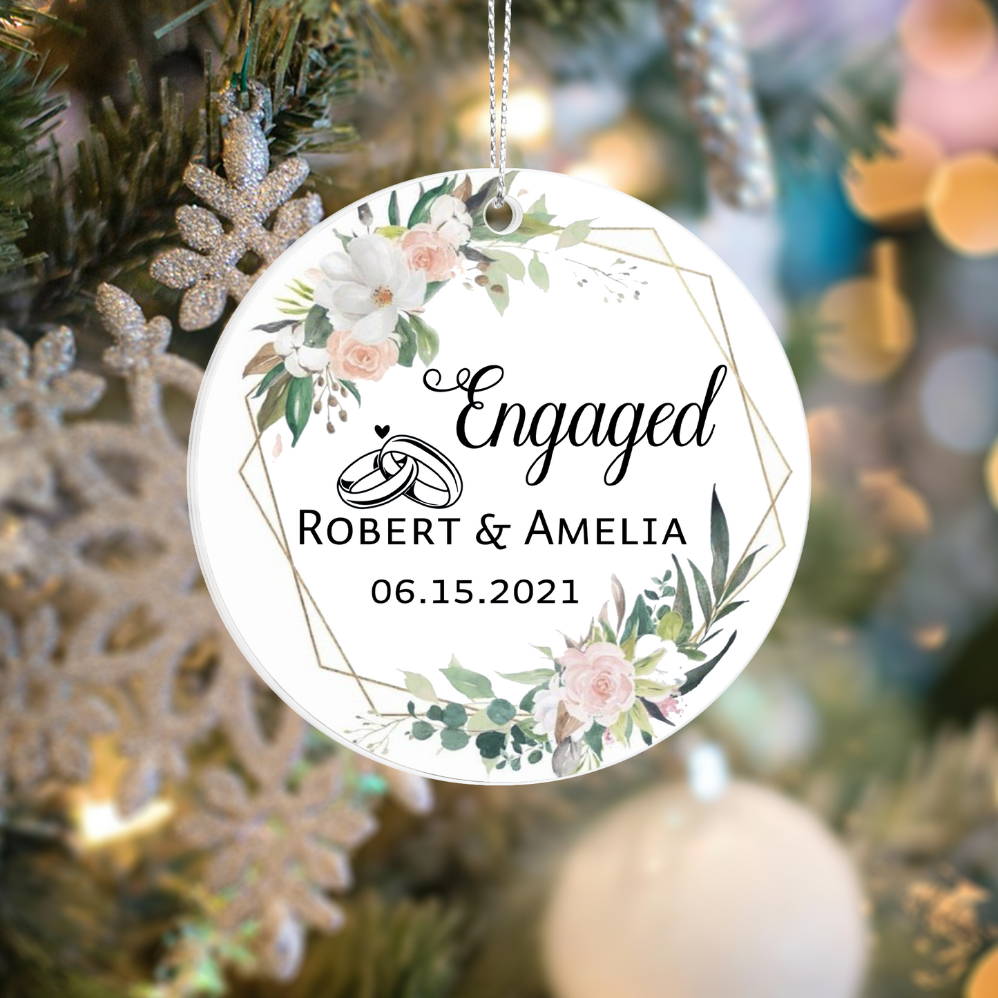 Engaged Personalized Acrylic Ornament 2025 – Custom Engagement Ornament with Floral Design, Romantic Couple Gift Keepsake