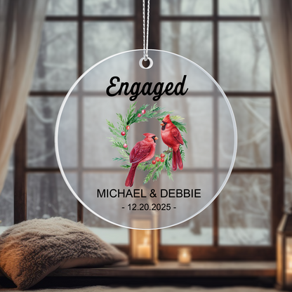Engaged Personalized Acrylic Ornament 2025 – Custom Couple Ornament with Cardinals, Engagement Gift Keepsake for Couples