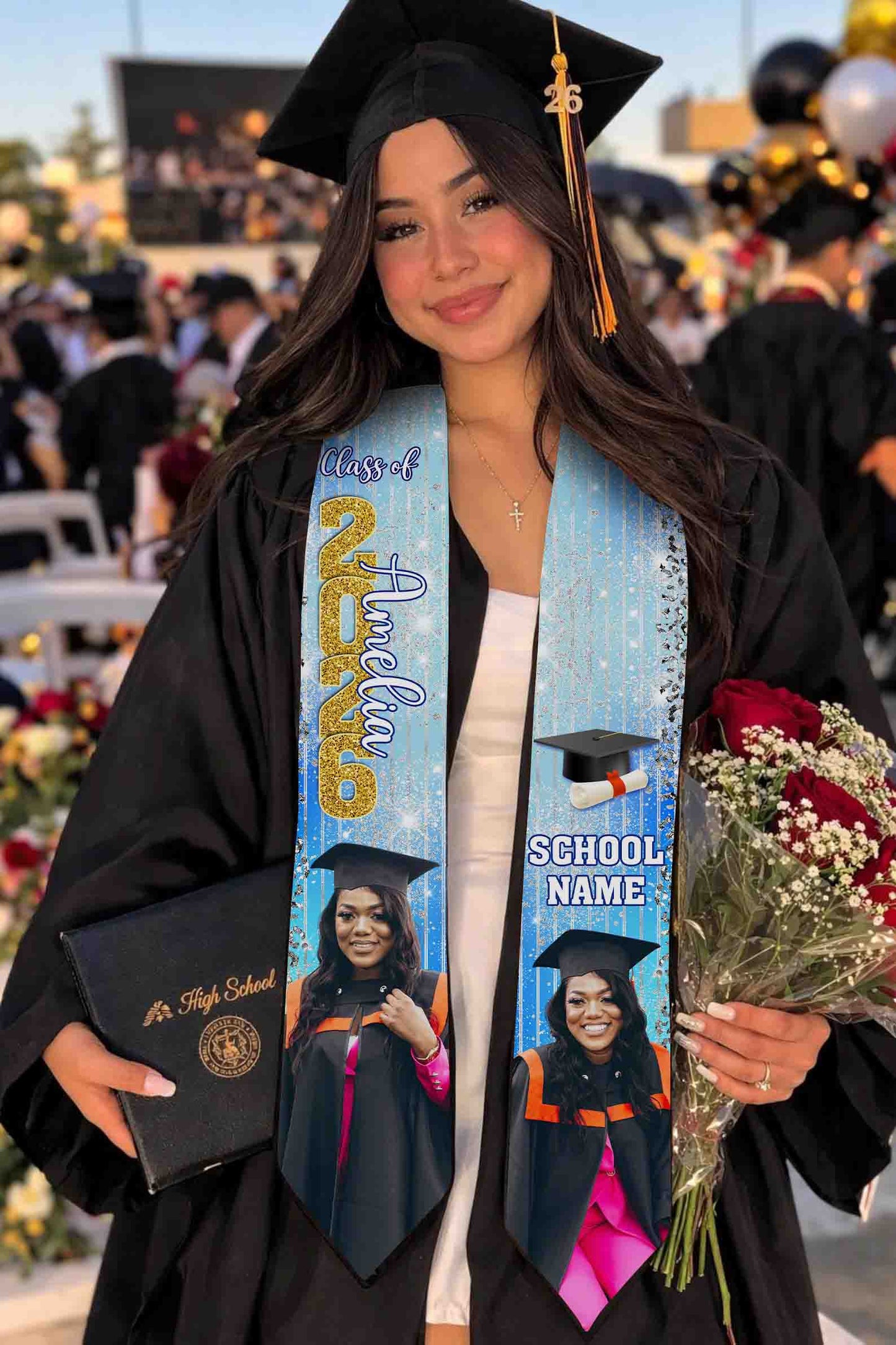 Personalized Light Blue Graduation Stole Class of 2026 – Custom Name Photo Graduation Sash with School Name, Senior Gift for Her or Him