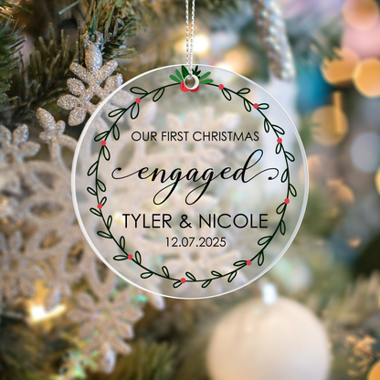 Our First Christmas Engaged Personalized Acrylic Ornament 2025 – Custom Engagement Gift, Couple Christmas Keepsake