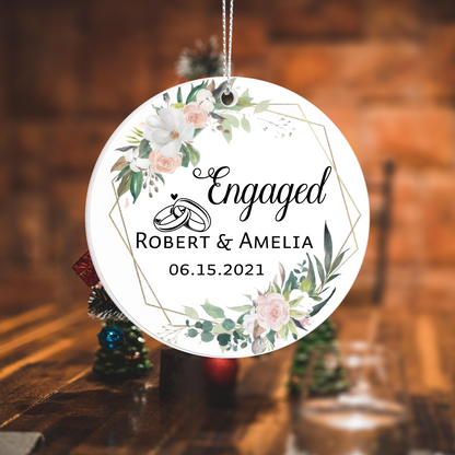 Engaged Personalized Acrylic Ornament 2025 – Custom Engagement Ornament with Floral Design, Romantic Couple Gift Keepsake