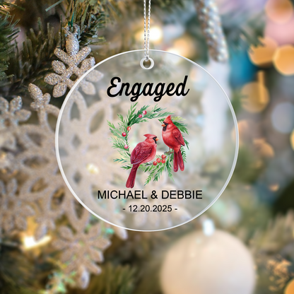 Engaged Personalized Acrylic Ornament 2025 – Custom Couple Ornament with Cardinals, Engagement Gift Keepsake for Couples