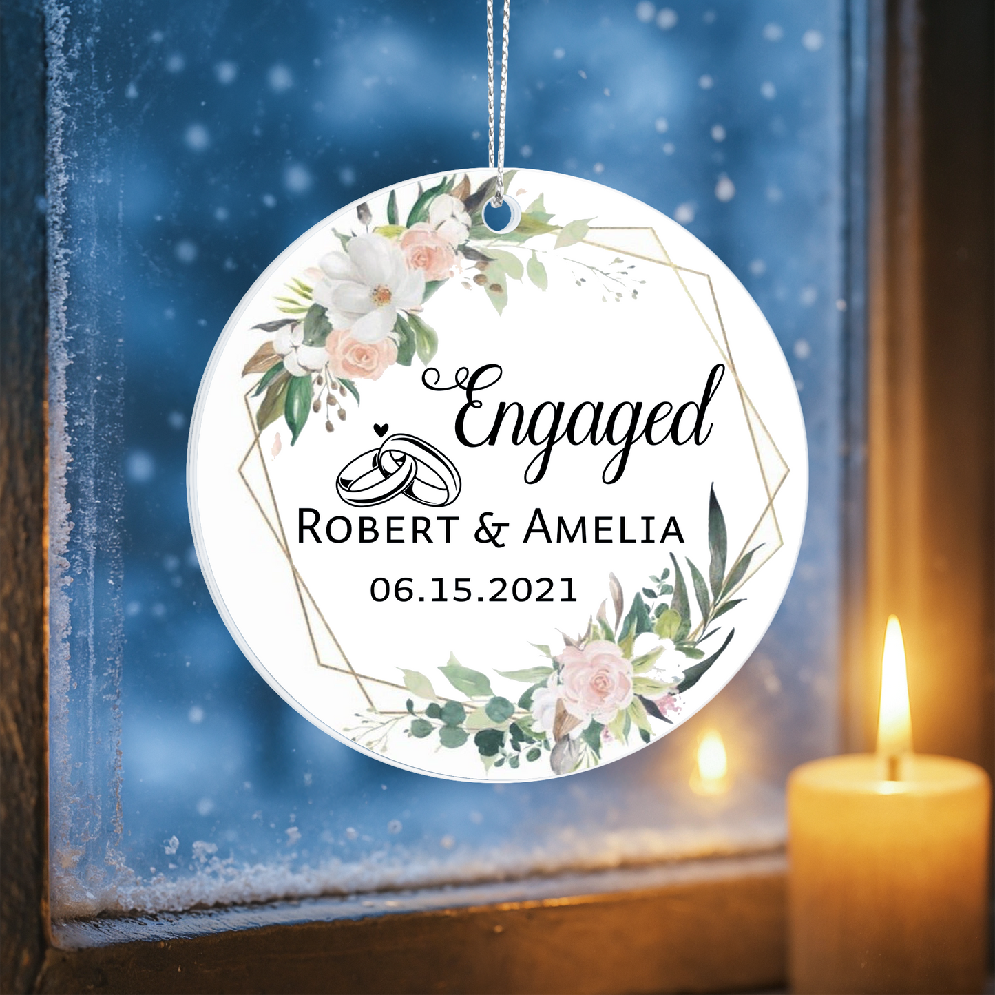 Engaged Personalized Acrylic Ornament 2025 – Custom Engagement Ornament with Floral Design, Romantic Couple Gift Keepsake