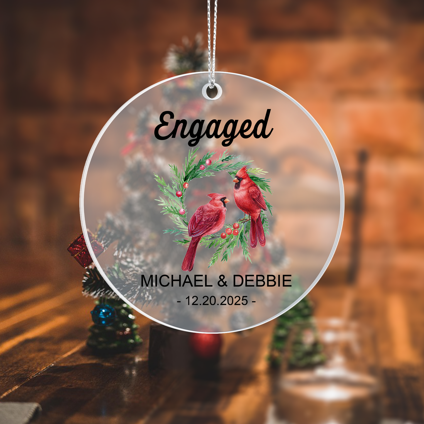 Engaged Personalized Acrylic Ornament 2025 – Custom Couple Ornament with Cardinals, Engagement Gift Keepsake for Couples