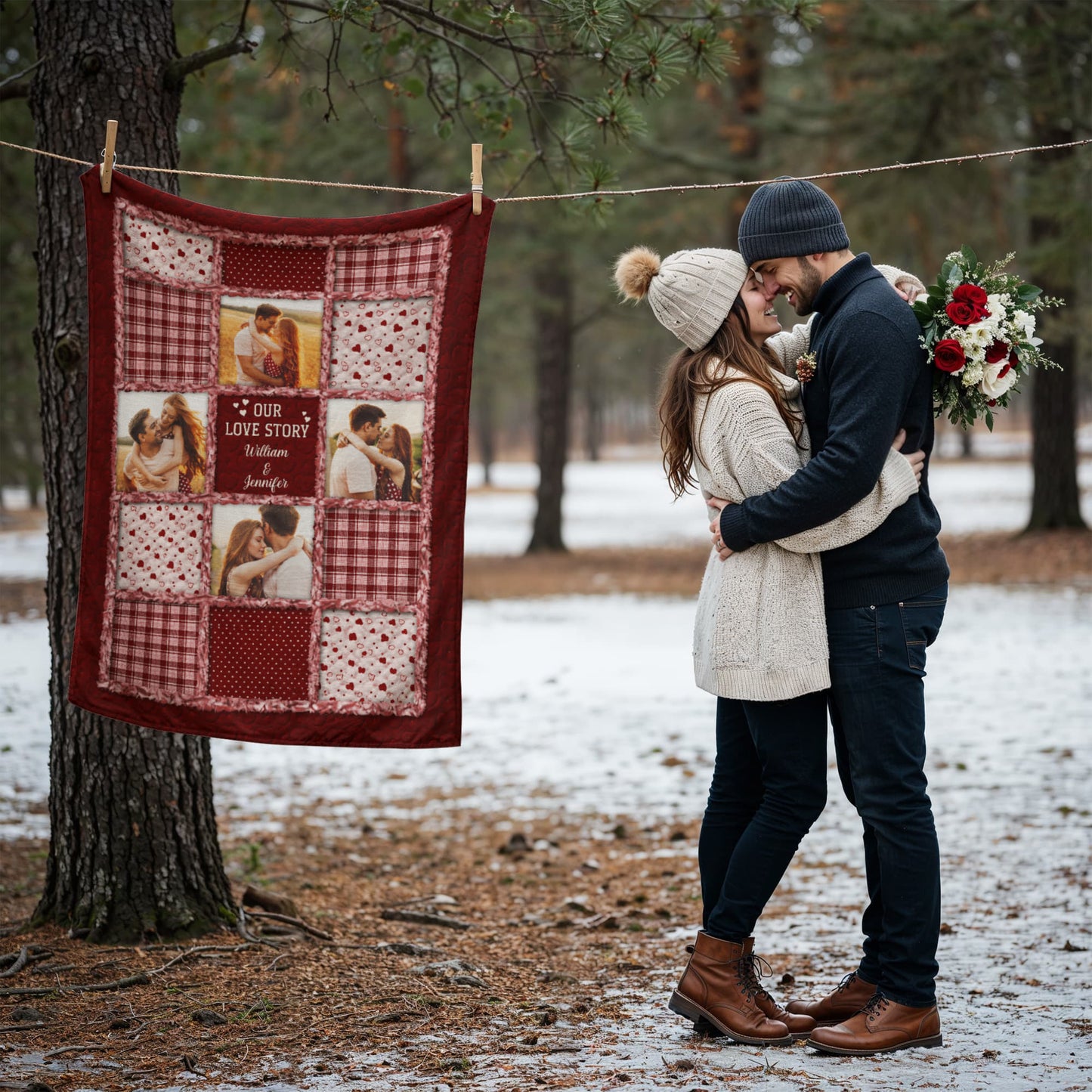 Personalized Coral Fleece Blanket with Photo & Names – Custom Couple Love Story Blanket, Romantic Gift for Anniversary, Valentine’s Day or Christmas