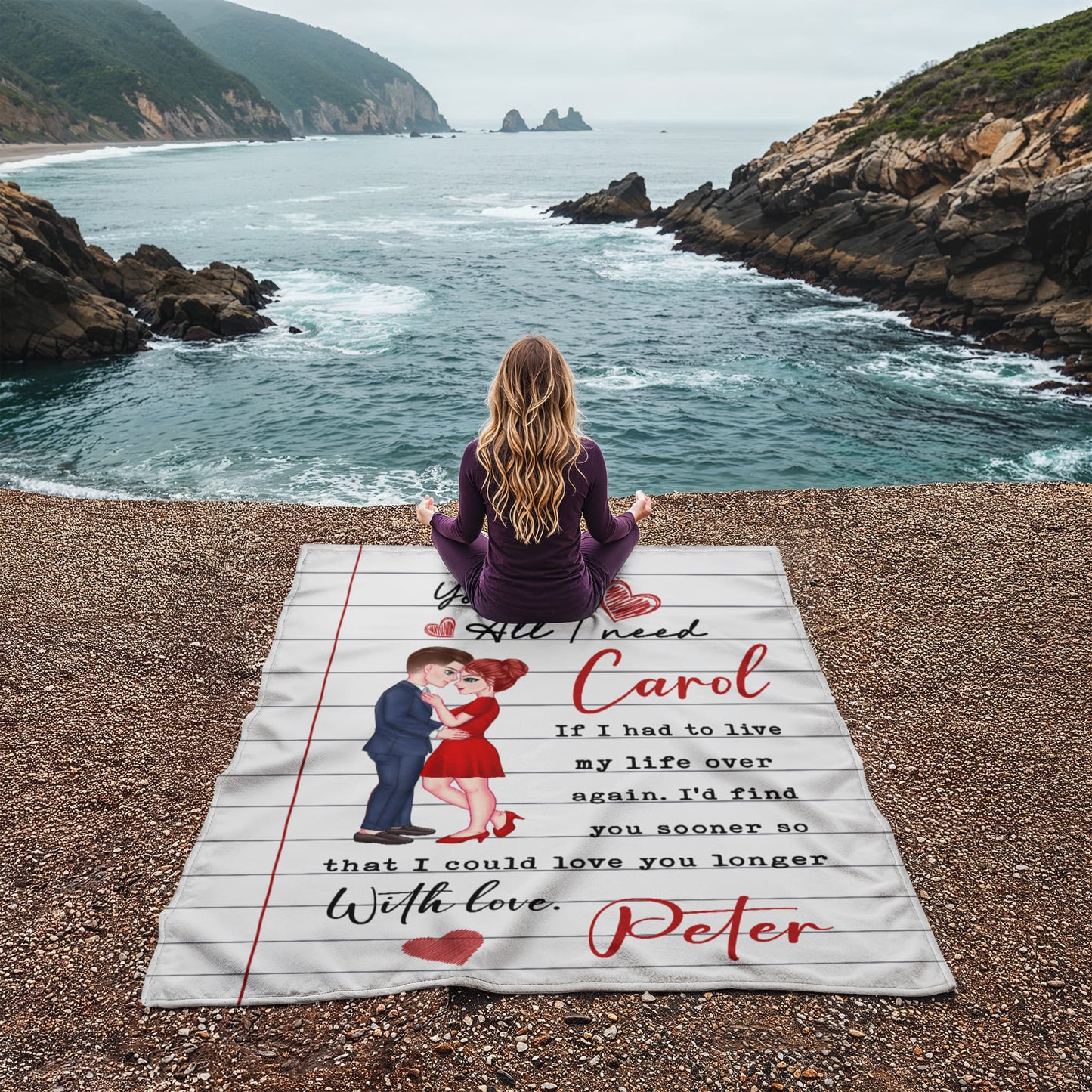 Personalized coral fleece blanket with custom names and couple clipart.