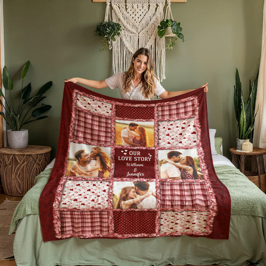 Personalized Coral Fleece Blanket with Photo & Names – Custom Couple Love Story Blanket, Romantic Gift for Anniversary, Valentine’s Day or Christmas