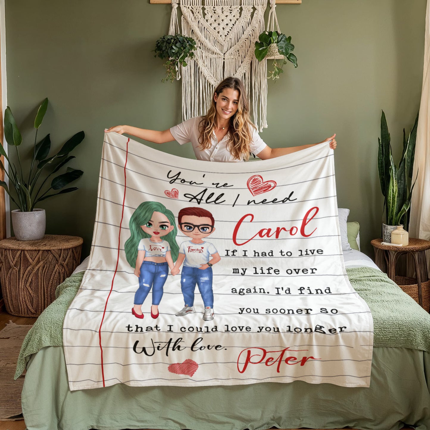 Personalized coral fleece blanket with couple clipart
