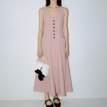 Sleeveless V-Neck Pencil Dress | Elegant Button-Up Bodycon | High Waist Slim Fit | Black White Pink Khaki | XS–3XL