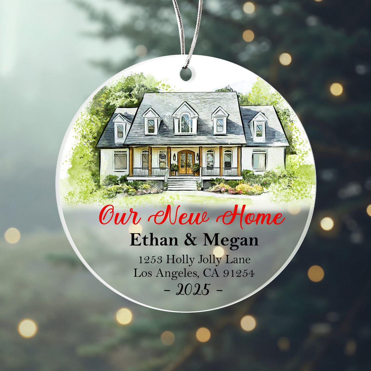 Our New Home Ornament 2025 – Personalized Acrylic Circle Ornament with Photo, Names & Address, Custom New Homeowner Christmas Gift