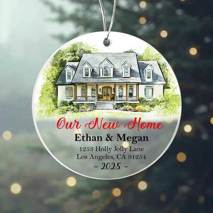 Our New Home Ornament 2025 – Personalized Acrylic Circle Ornament with Photo, Names & Address, Custom New Homeowner Christmas Gift