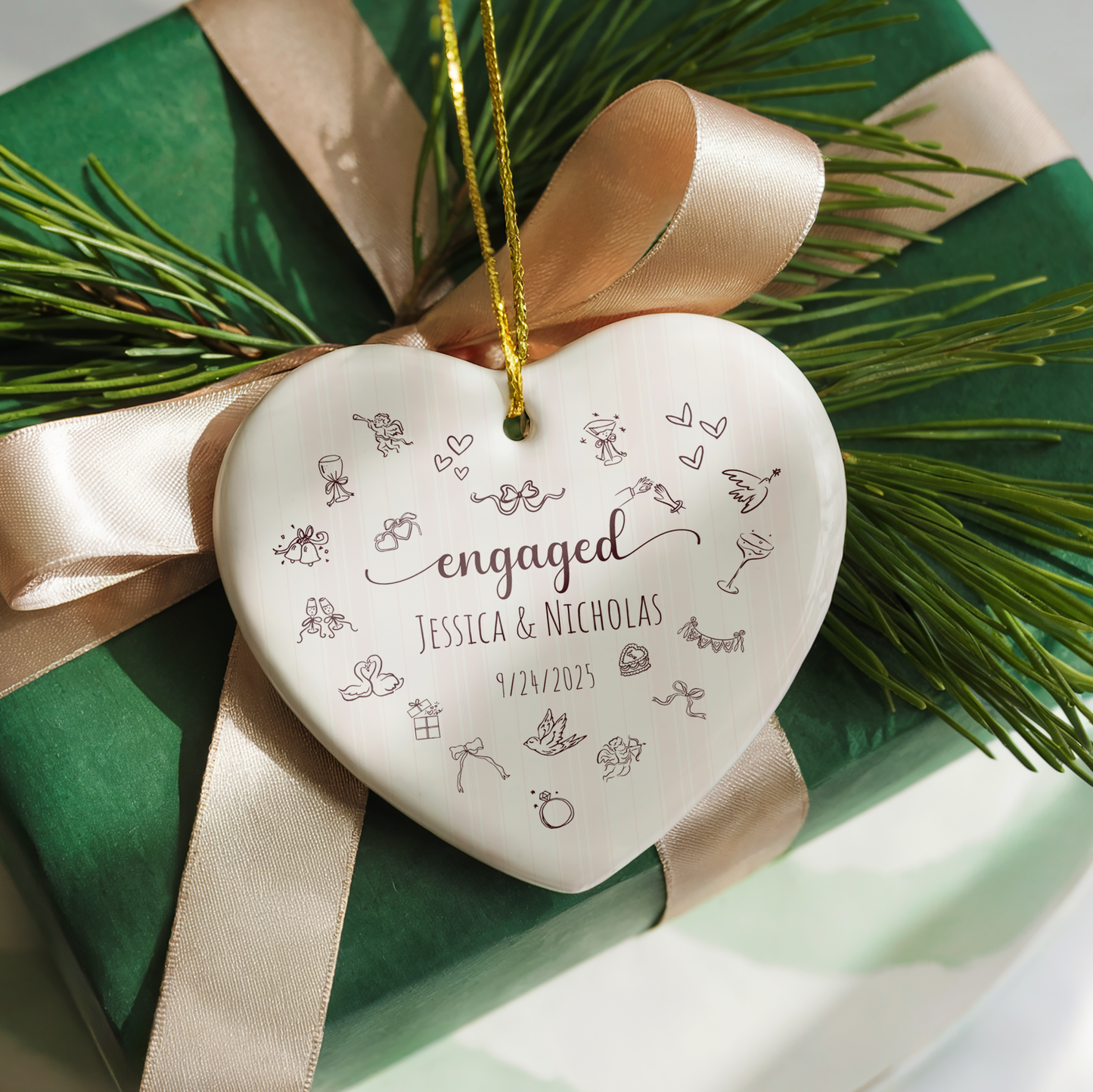 Personalized Engagement Ornament – Custom Heart-Shaped Ornament with Names & Engagement Date