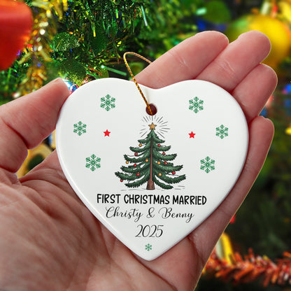 First Christmas Married Ornament 2025 – Personalized Heart Ceramic Christmas Ornament for Couples, Newlyweds, Mr & Mrs Gift Keepsake