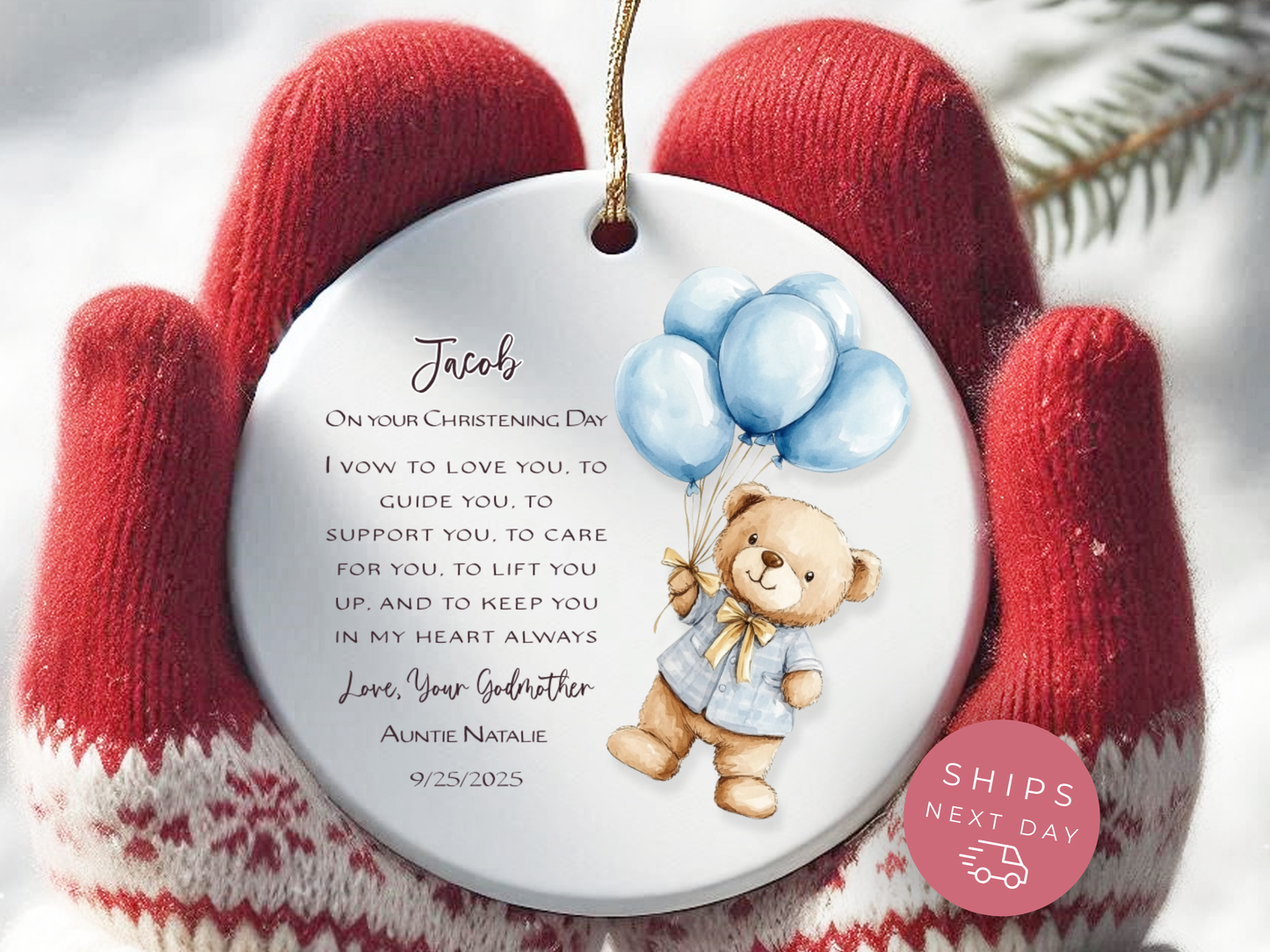 Personalized Christening Ornament – Baby Baptism Gift from Godmother or Loved One – Custom Keepsake with Name & Date – Christening Day Ornament