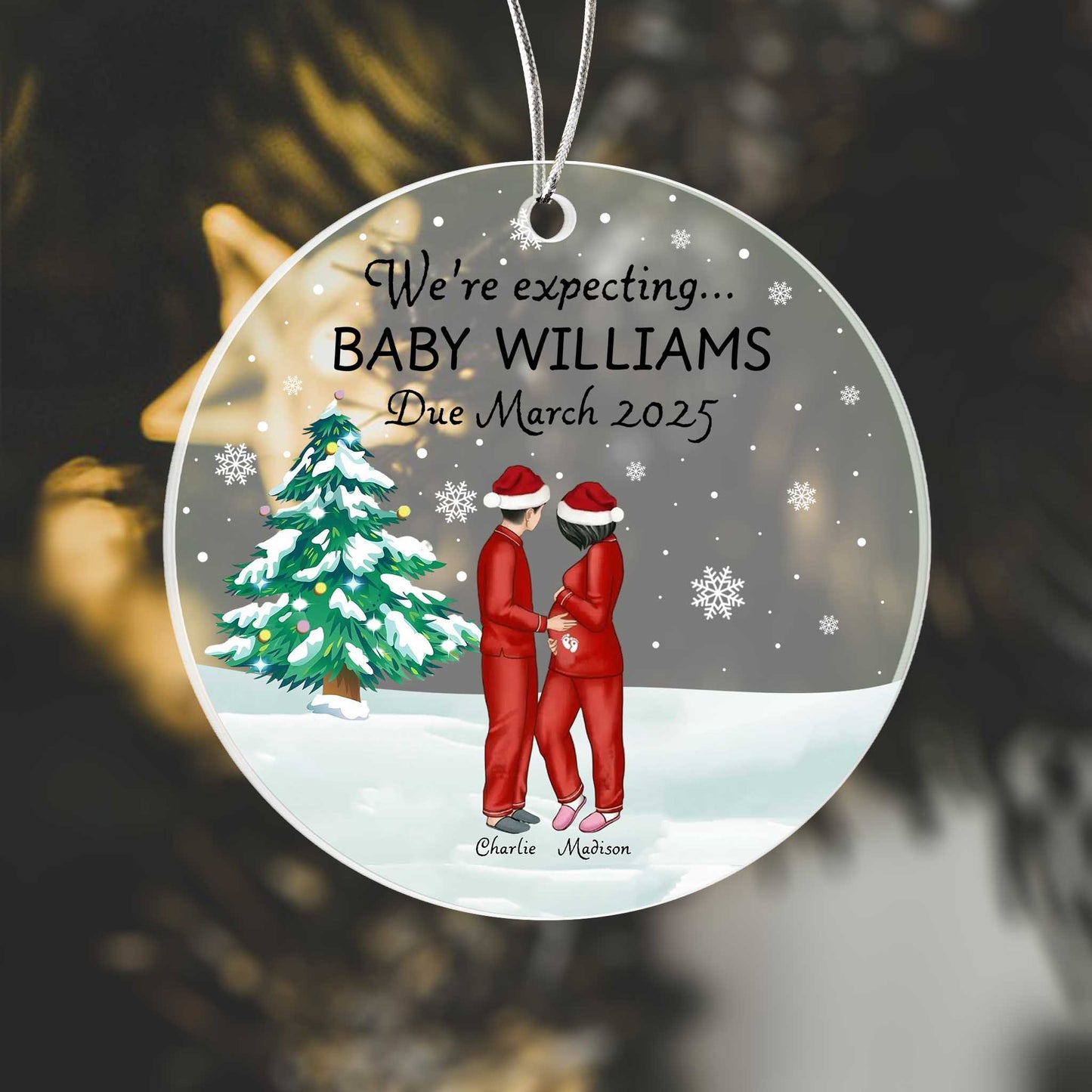 Personalized Acrylic Christmas Ornament - "We're Expecting" Baby Announcement - Due May 2025