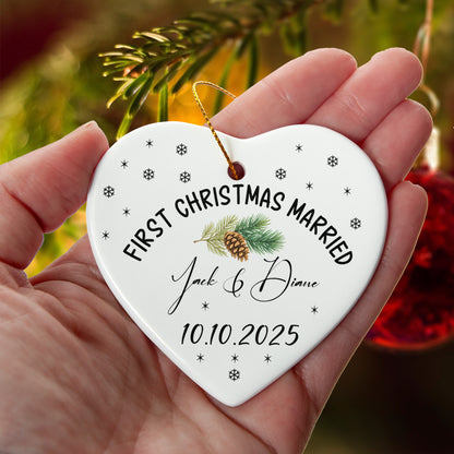 First Christmas Married Ornament 2025 – Personalized Ceramic Heart Ornament for Couples, Pinecone Christmas Decoration, Custom Newlywed Gift